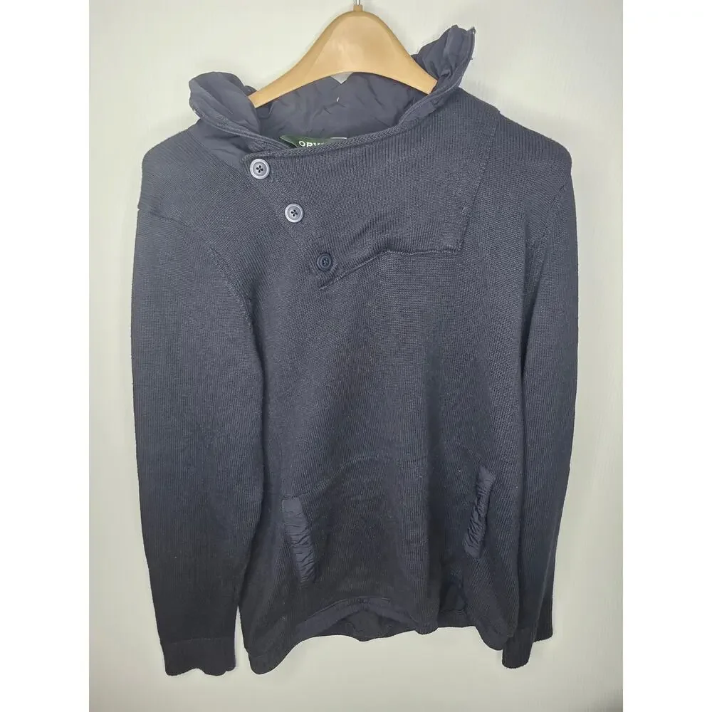 Orvis Size Medium Navy Blue Cotton Blend Button Mock Neck Sweater Front Pocket